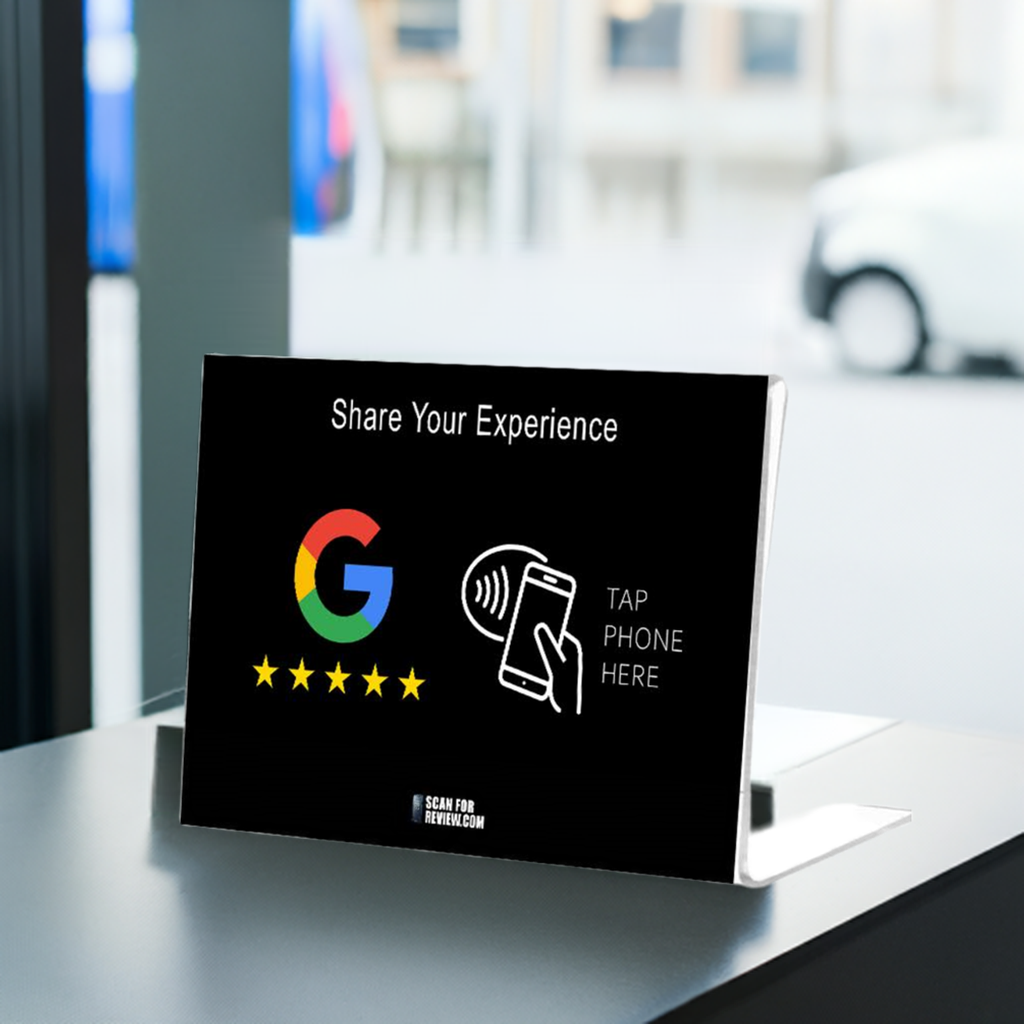 Horizontal NFC Google Review Stand – Share Your Experience – Black Background For Iphone & Android