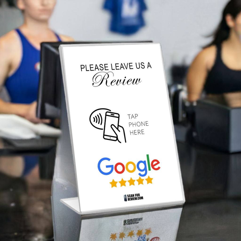 Please Leave A Google Review Stand NFC Scan – 4×6 inches – White Background