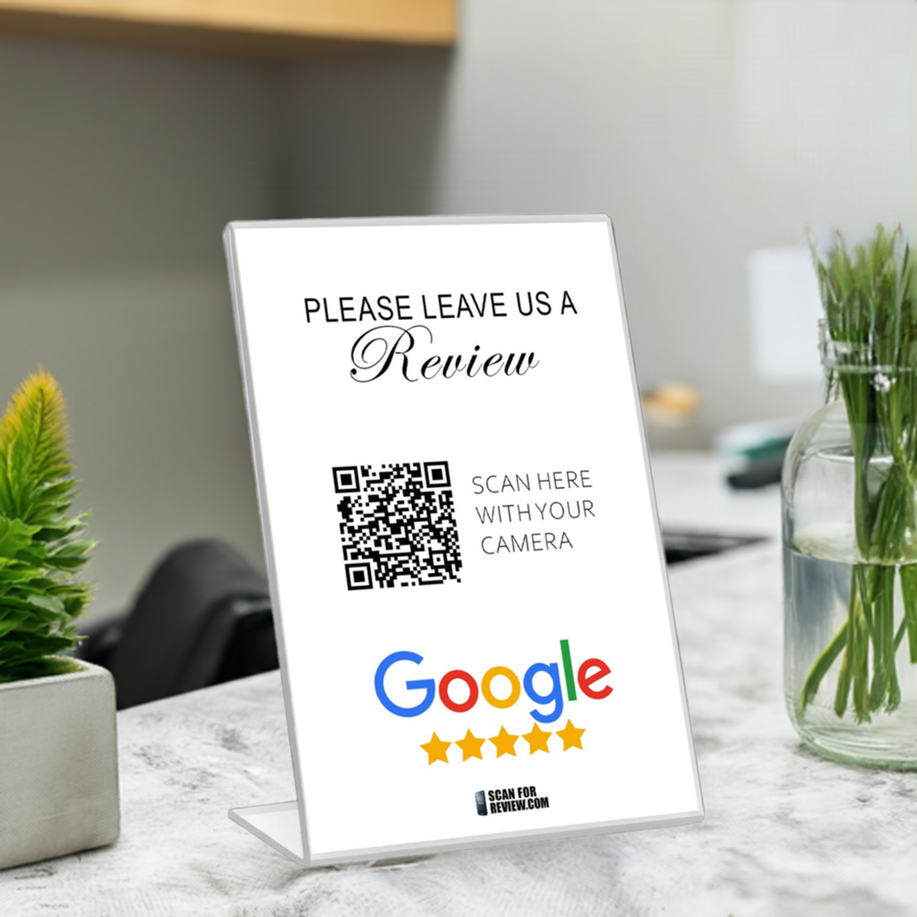 Please Leave Us A Review Google QR Code on A Stand (White)