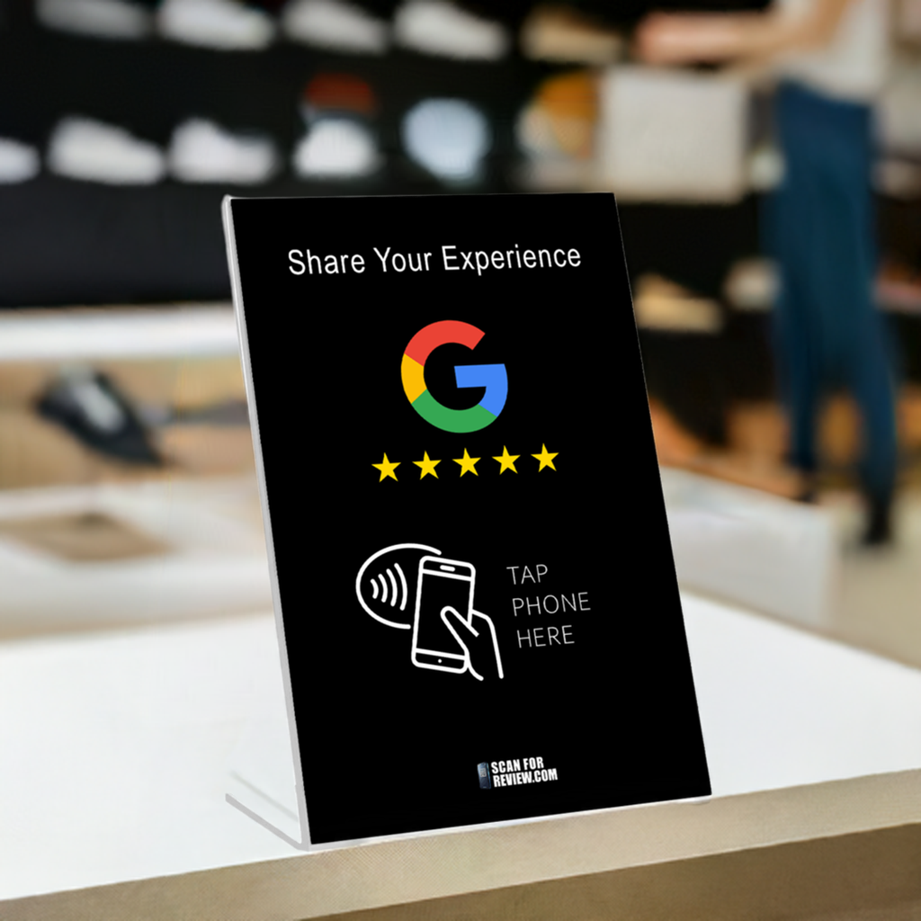 Vertical NFC Google Review Stand – Share Your Experience – Black Background For Iphone & Android