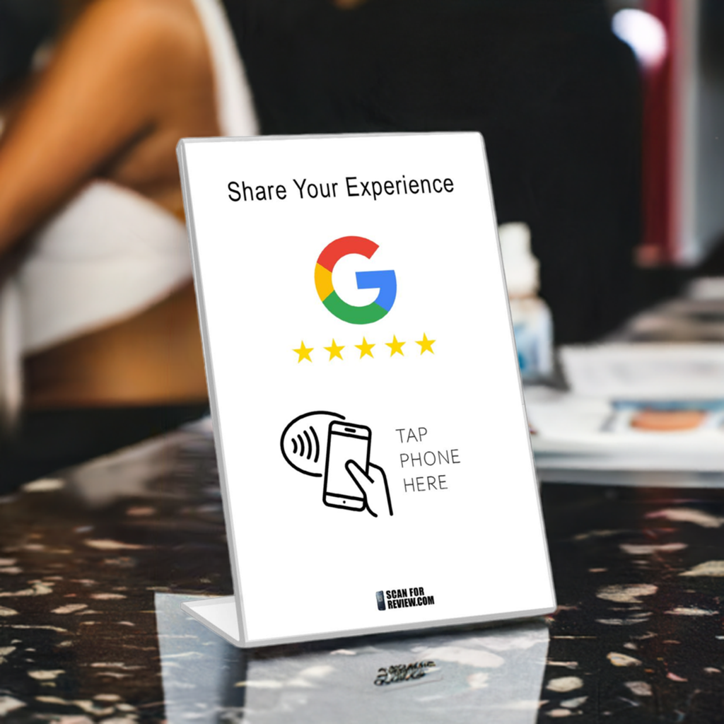 Vertical NFC Google Review Stand – Share Your Experience – White Background For Iphone & Android