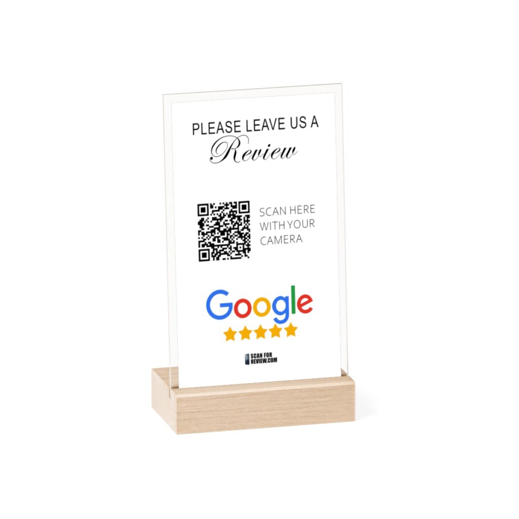 Acrylic Google Review Stand With Wooden Base White Background