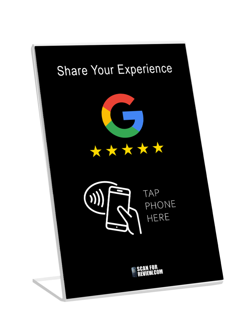 Vertical NFC Google Review Stand – Share Your Experience – Black Background For Iphone & Android