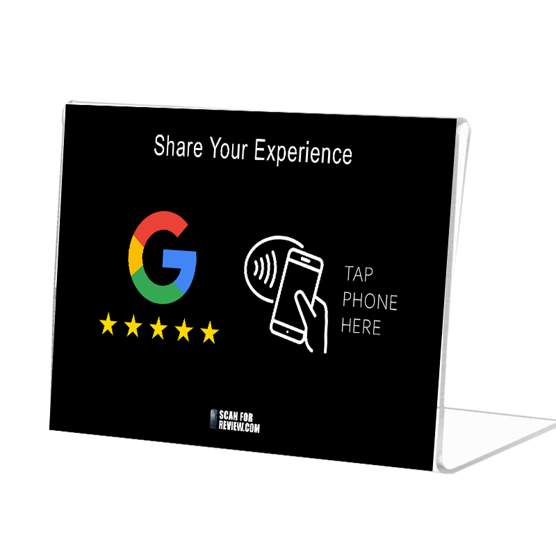 Horizontal NFC Google Review Stand – Share Your Experience – Black Background For Iphone & Android