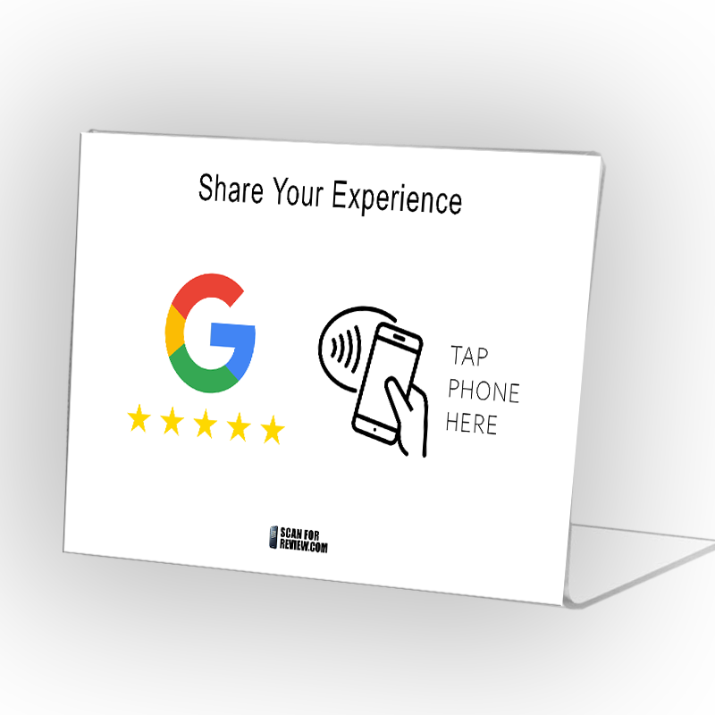 Horizontal NFC Google Review Stand – Share Your Experience – White Background For Iphone & Android